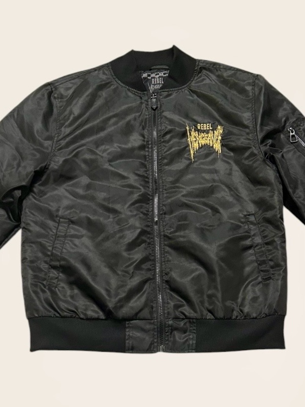 Rebel Vengeance Black Bomber Jacket Size M Embroidered Angel Fresco Back Patch